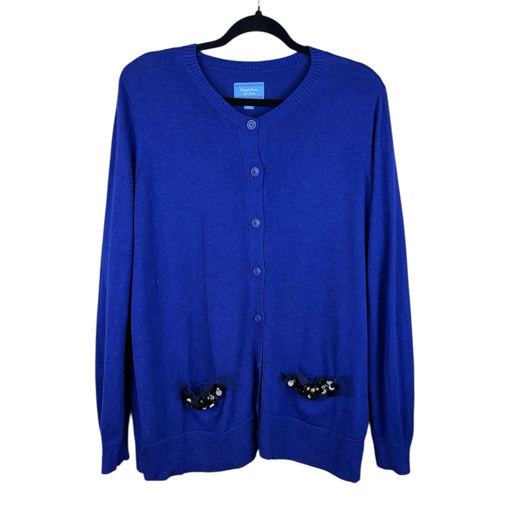 Simply Vera Vera Wang Cobalt Blue Knit Cardigan Sweater with Embellished Pockets